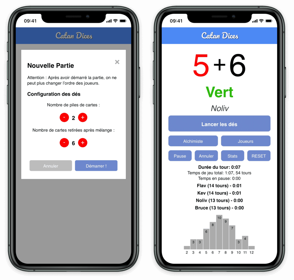 Captures d'écran de la web app Dés Catane